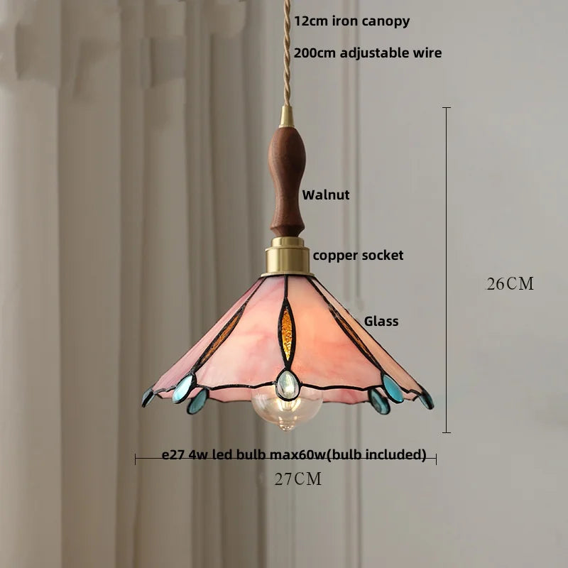 White Glass LED Pendant Light Fixture Walnut Wood Hang Lamp