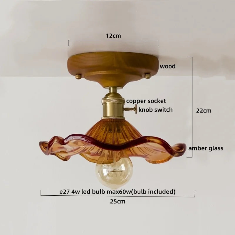 Green Glass LED Ceiling Lamp Nordic Wood Copper Ceiling Lights