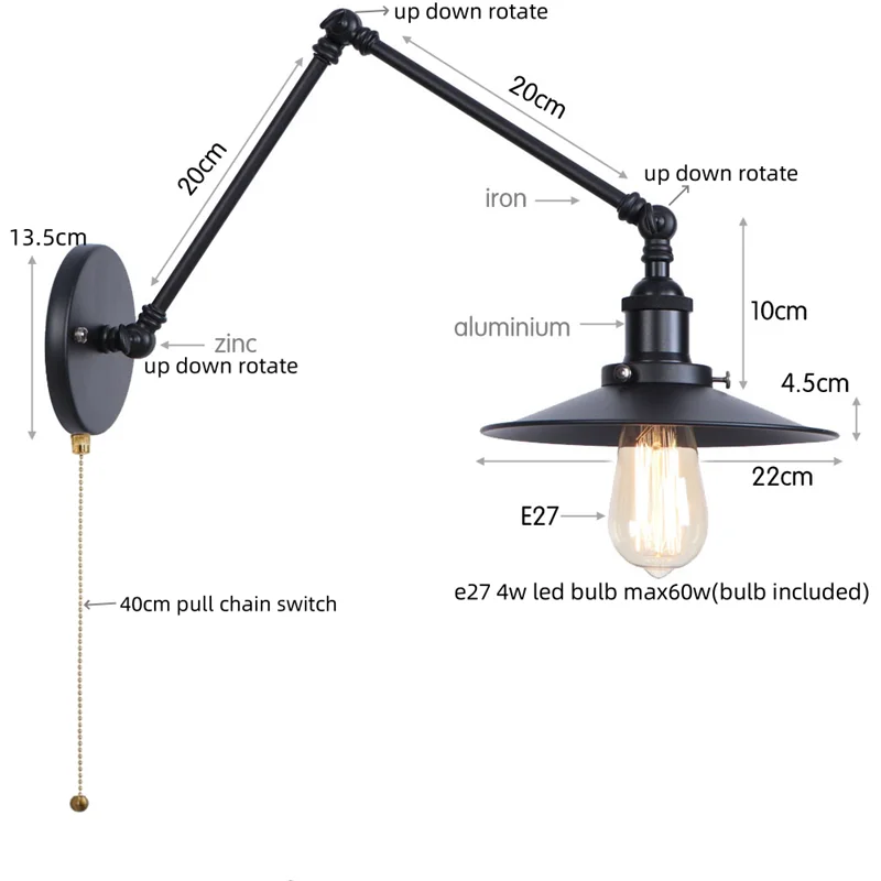 Black Iron LED Wall Light Fixture Industrial Vintage Adjustable Long Arm