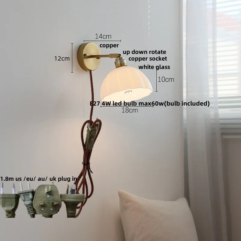 White Glass LED Wall Light with Pull Chain Switch, Japanese Style Hallway Lamp