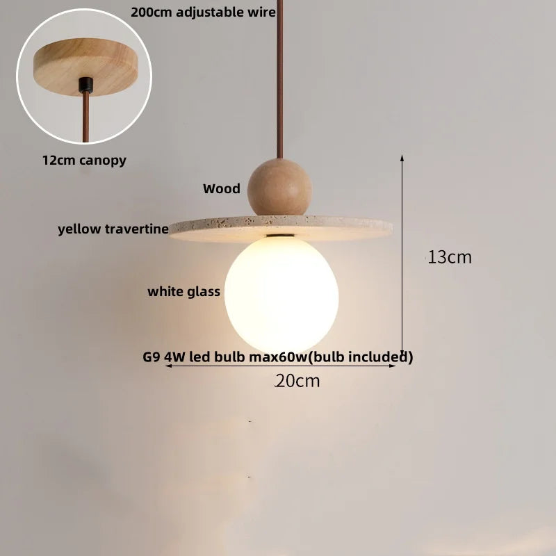 Yellow Travertine Wood Wire Adjustable LED Pendant Lights Modern Nordic Living Room