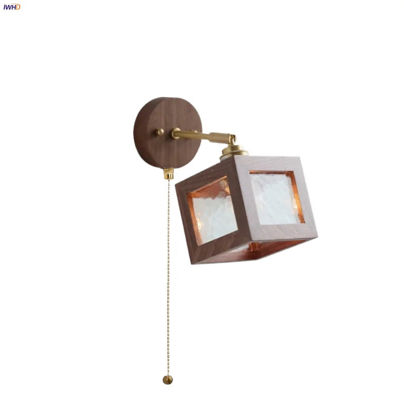 Clear Glass LED Wall Light Fixture Walnut Wood Pull Chain Switch Nordic Modern Wall Lamp