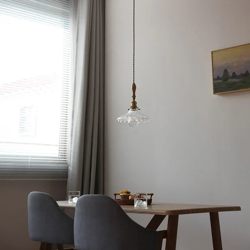 Glass LED Pendant Lamp with Wood Handle - Modern Nordic Hanging Light