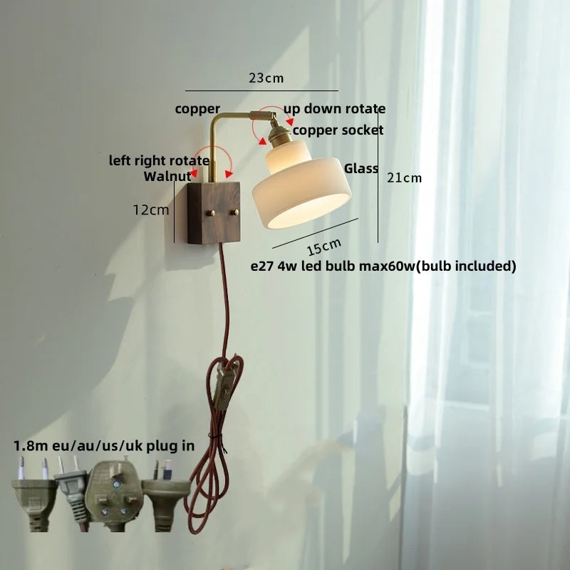 White Glass LED Wall Light Fixture Walnut Wood Brass Pull Chain Switch