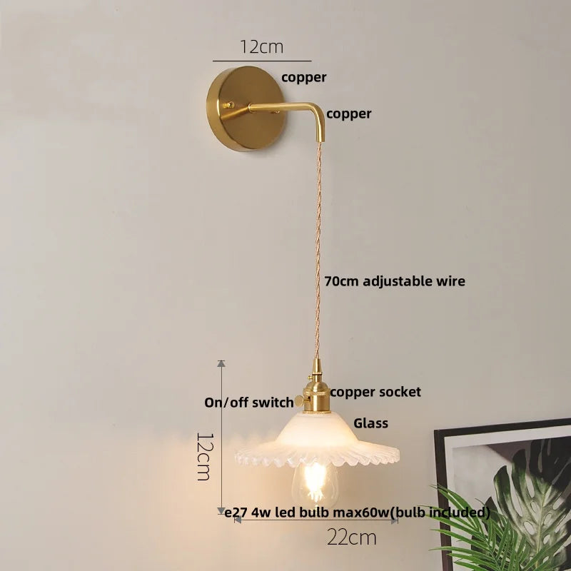 White Glass LED Wall Lamp with Pull Chain Switch, Modern Nordic Design