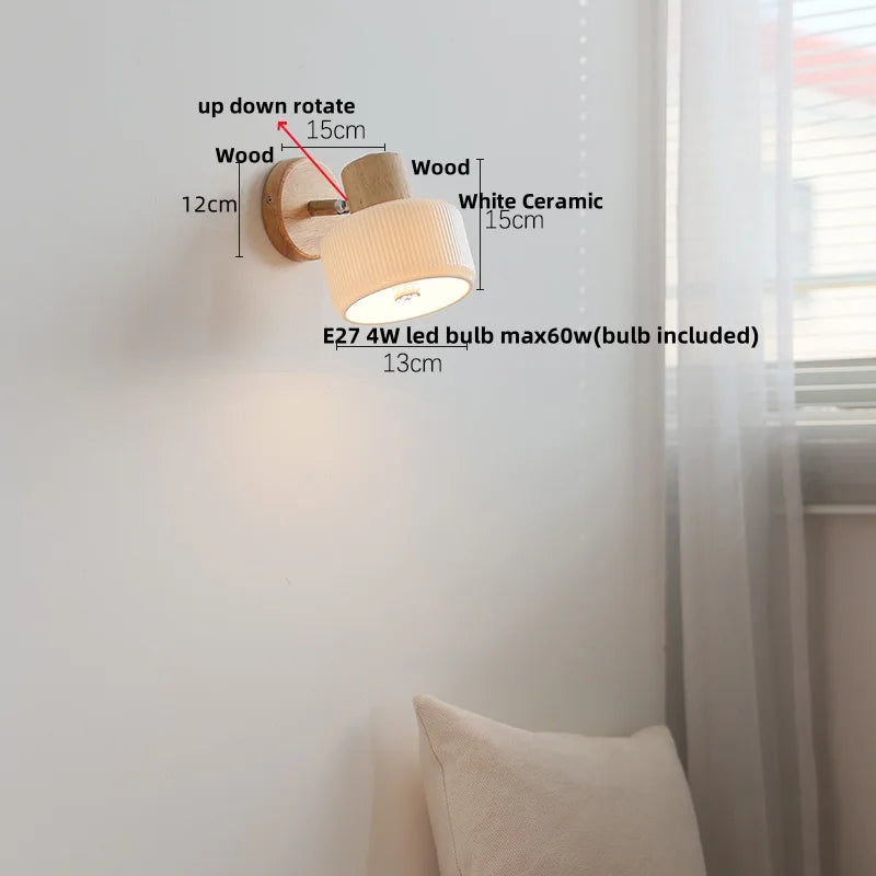 Afralia™ White Ceramic LED Wall Light with Pull Chain Switch and Wood Base