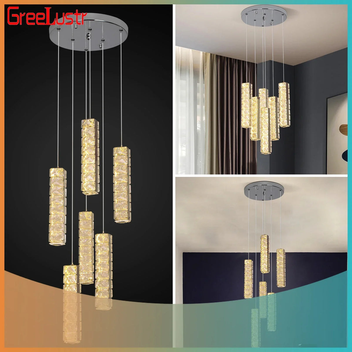 Modern K9 Crystal Chandelier Pendant Light for Living Dining Room Home Decor