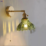 Flower Glass Pull Chain Wall Sconce, Rotatable Copper LED Stair Light