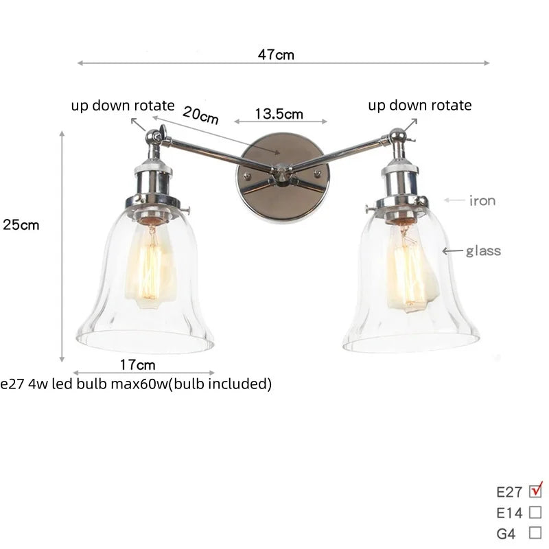 Retro LED Wall Light with Pull Chain Switch, 2 Heads Sconce for Living Room