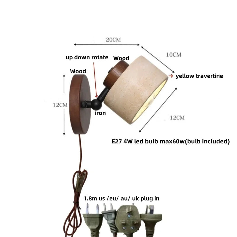 Yellow Travertine LED Wall Lamp with Pull Chain Switch, Japanese Style, Rotate Stair Light