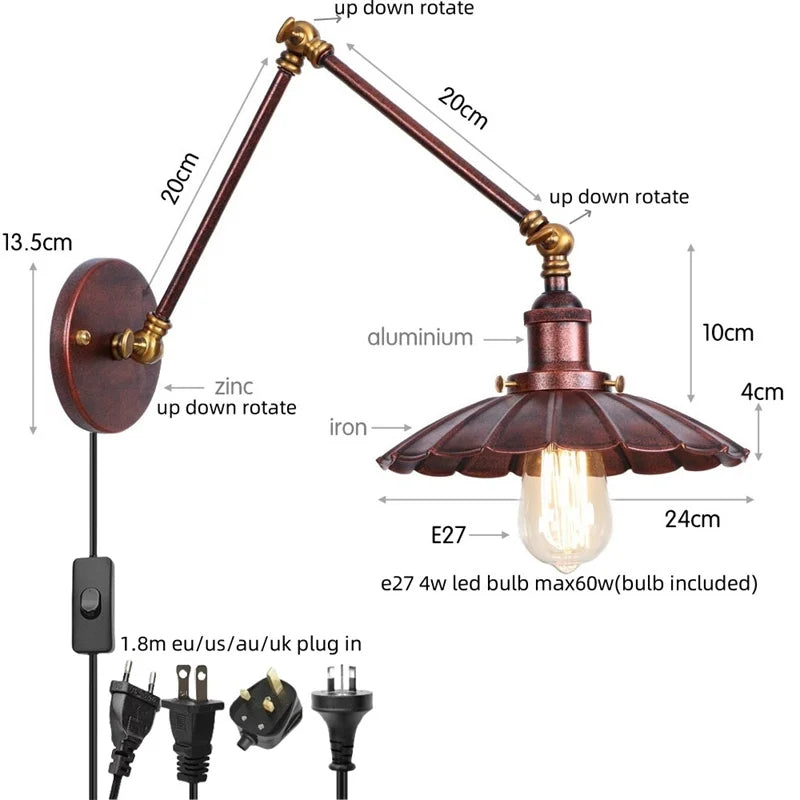 Industrial Rustic LED Wall Sconce, Long Arm Vintage Iron Light Fixture