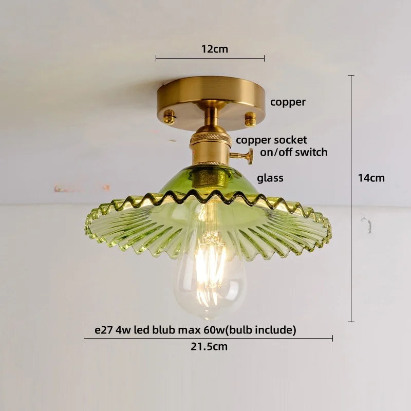 Green Flower Glass Copper Ceiling Light - Nordic Modern LED, Living Room Bedroom Hallway Fixtures