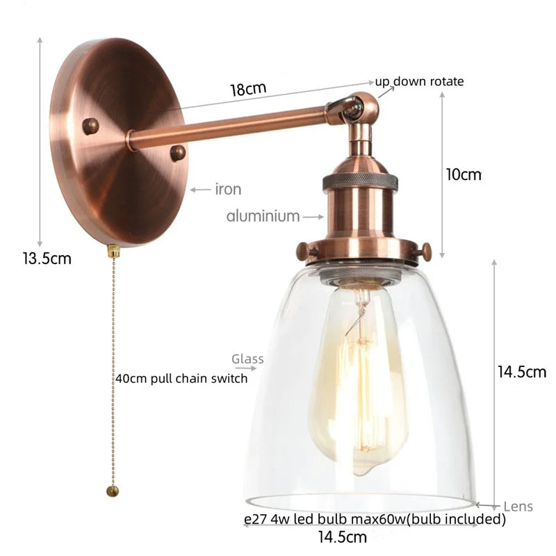 Vintage Single Arm LED Wall Lamp Iron Glass Retro Stair Light