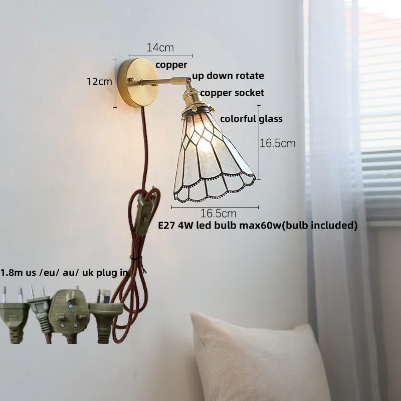Tiffany Style Glass LED Wall Sconce with Pull Chain Switch