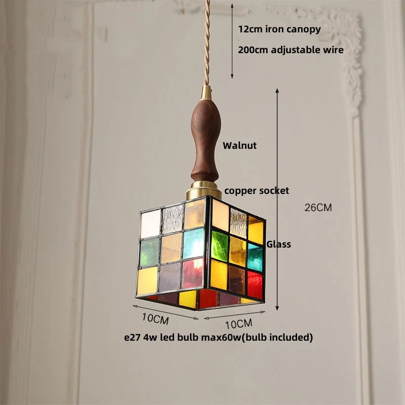 Walnut Wood LED Pendant Light Fixture with Colorful Glass Hang Lamp