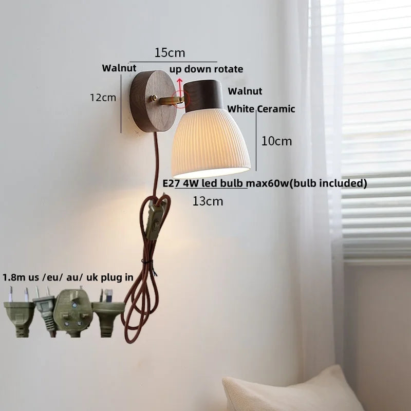 White Flower Ceramic LED Wall Sconce with Wood Base and Copper Rotate
