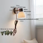 White Flower Ceramic LED Wall Sconce with Wood Base and Copper Rotate