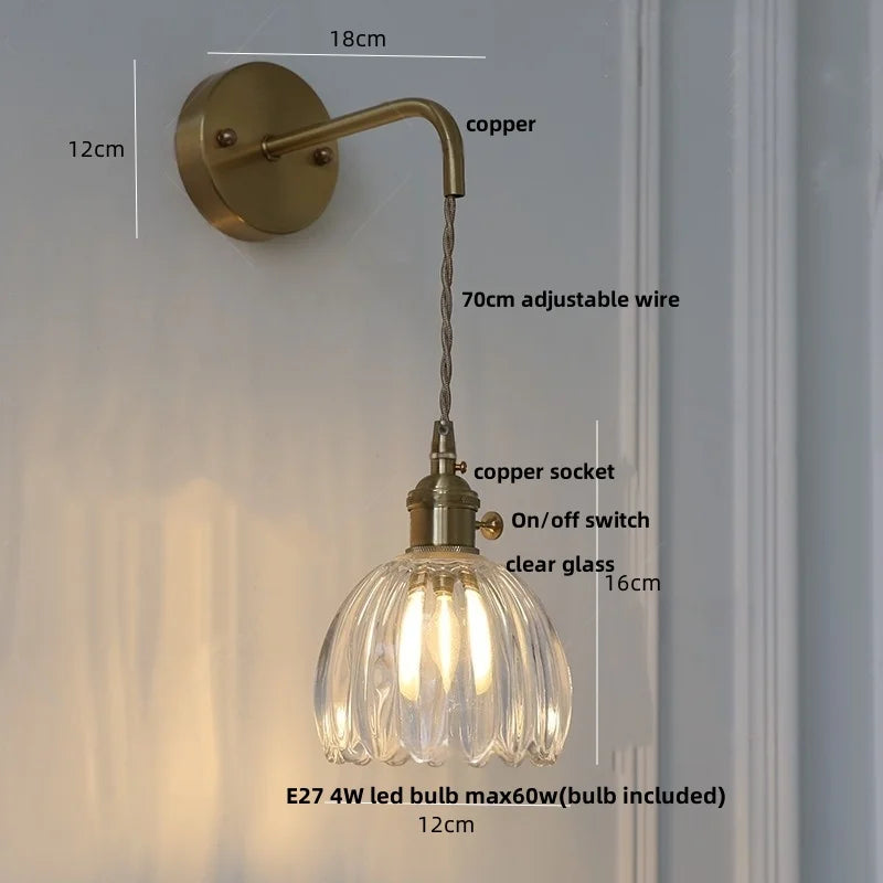 Smoke Gray Glass LED Wall Light Fixture Minimalist Pull Chain Switch Bedside Lamp