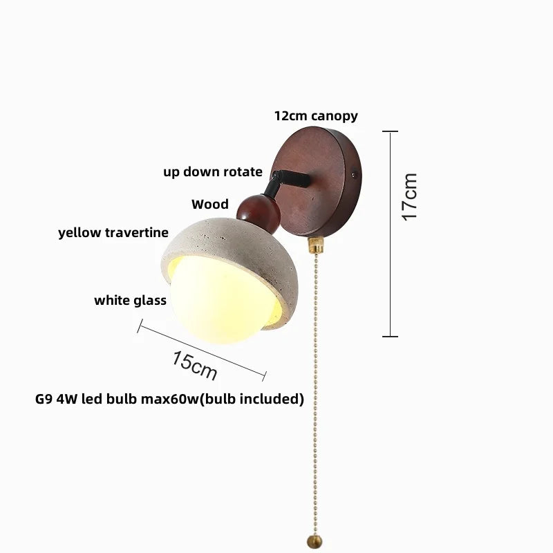 Yellow Travertine LED Wall Light with Pull Chain Switch, Nordic Modern Glass Wood Lamp