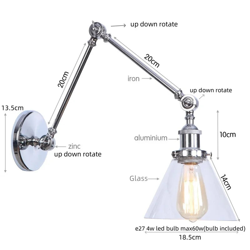 White Glass Swing Arm LED Wall Sconce for Industrial Loft, Coffee, Hallway