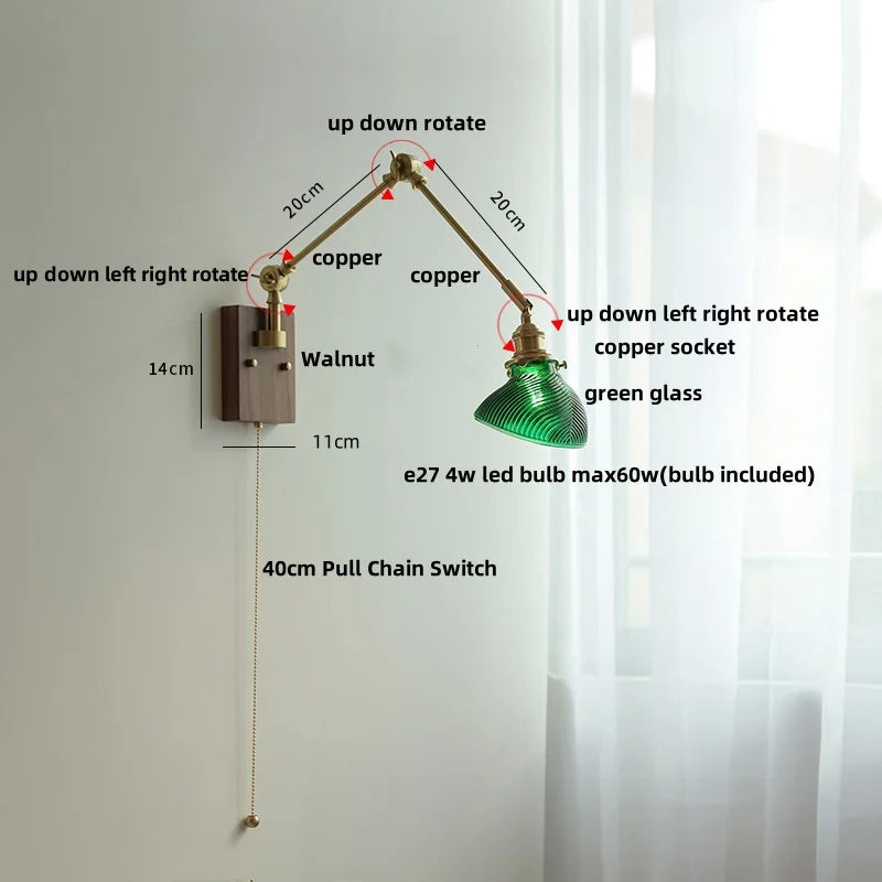 Walnut Copper Swing Arm LED Wall Light Fixture for Nodic Home Decor
