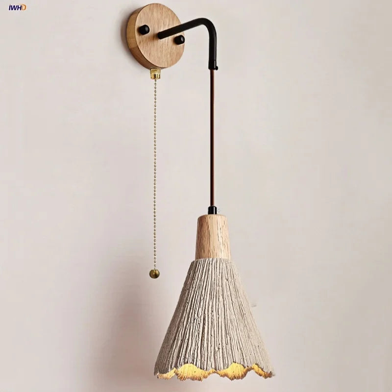 LED Wall Light Fixture Cement Wood Base Bedside Lamp