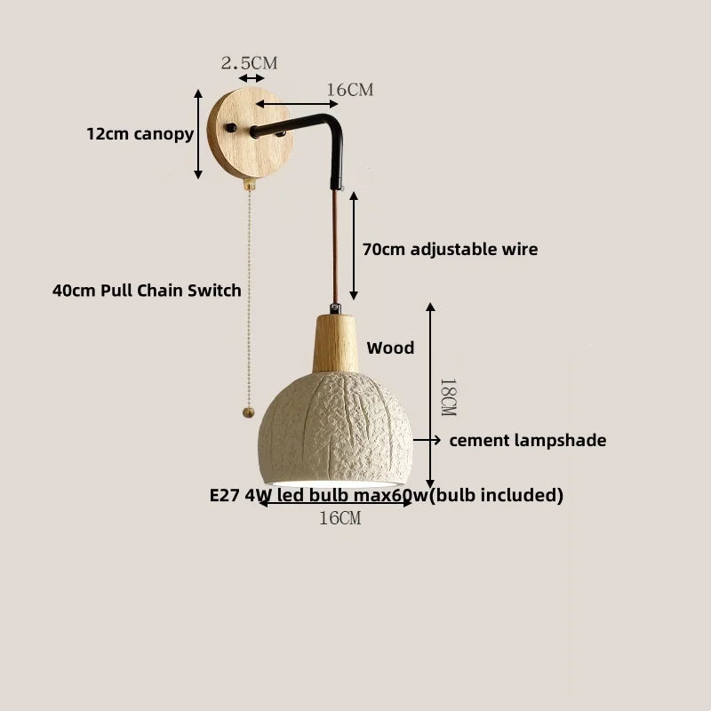 Adjustable Wall Lights Pull Chain Switch Wood Socket Cement Modern Bedside Lamp