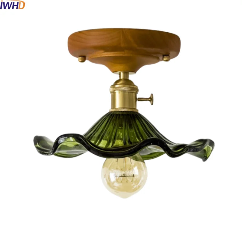Green Glass LED Ceiling Lamp Nordic Wood Copper Ceiling Lights