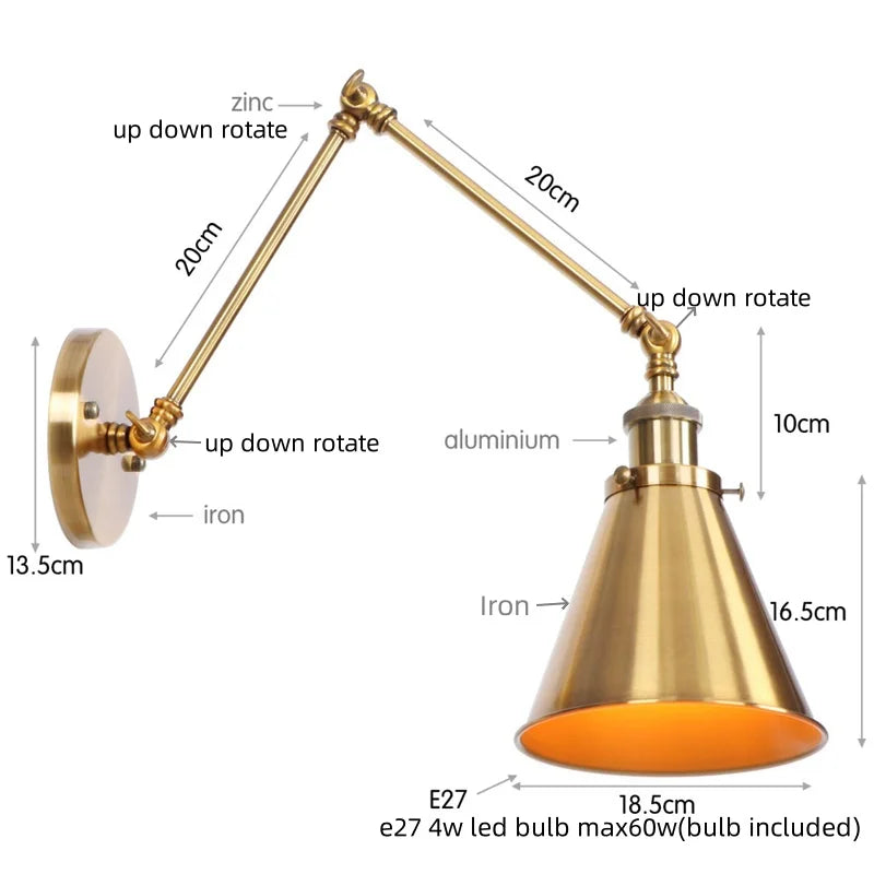 Vintage Iron Gold LED Wall Lamp with Long Arm and Pull Chain Switch