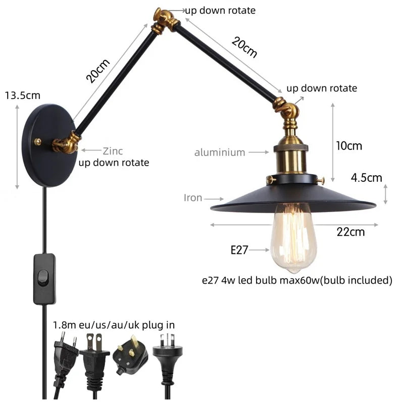 Black Iron LED Wall Light Fixture Industrial Vintage Adjustable Long Arm