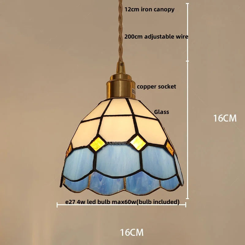Walnut Wood LED Pendant Light Fixture with Colorful Glass Hang Lamp