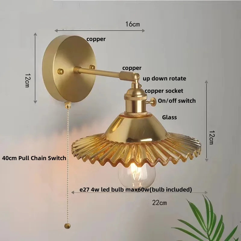 Vintage Green Glass LED Wall Light with Pull Chain Switch