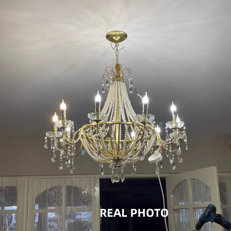 Gold Crystal Pearl Chandelier LED Pendant Lights Luxe Living Room Decor