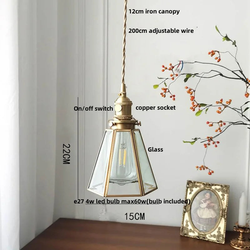 Walnut Wood & Copper Glass Pendant Light Fixture, LED Dining Room Luminaire
