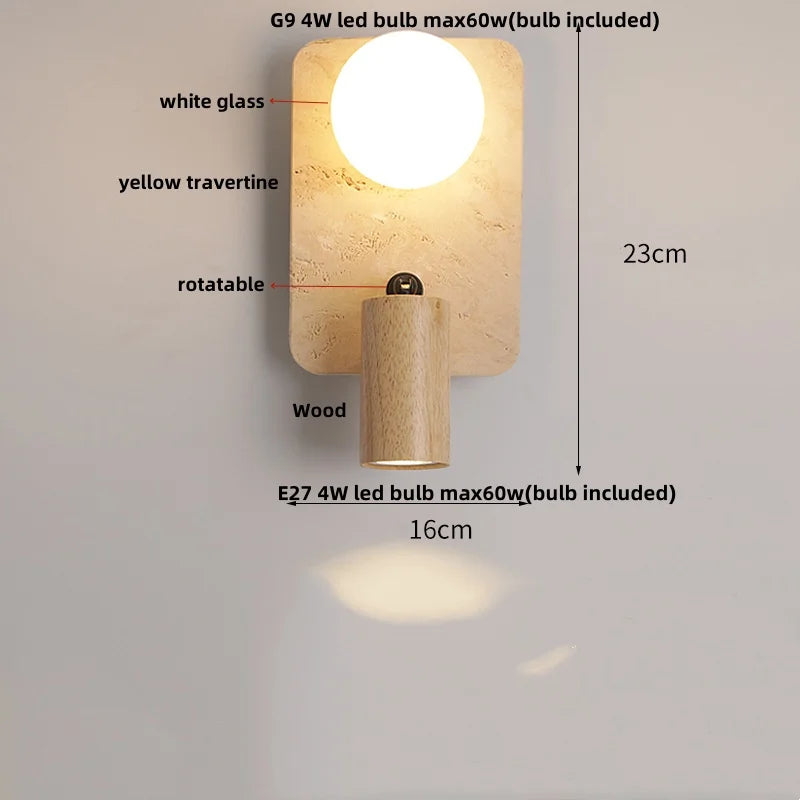 Yellow Travertine Wood Canopy LED Wall Light, Japan Style Bedside Lamp