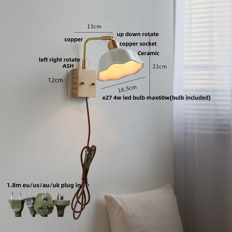 Walnut Brass Ceramic LED Wall Sconce | Modern Nordic Rotatable Stair Light