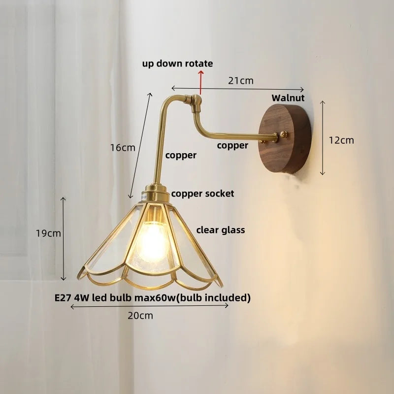 Rotating Copper LED Wall Light with Pull Chain Switch and Walnut Base