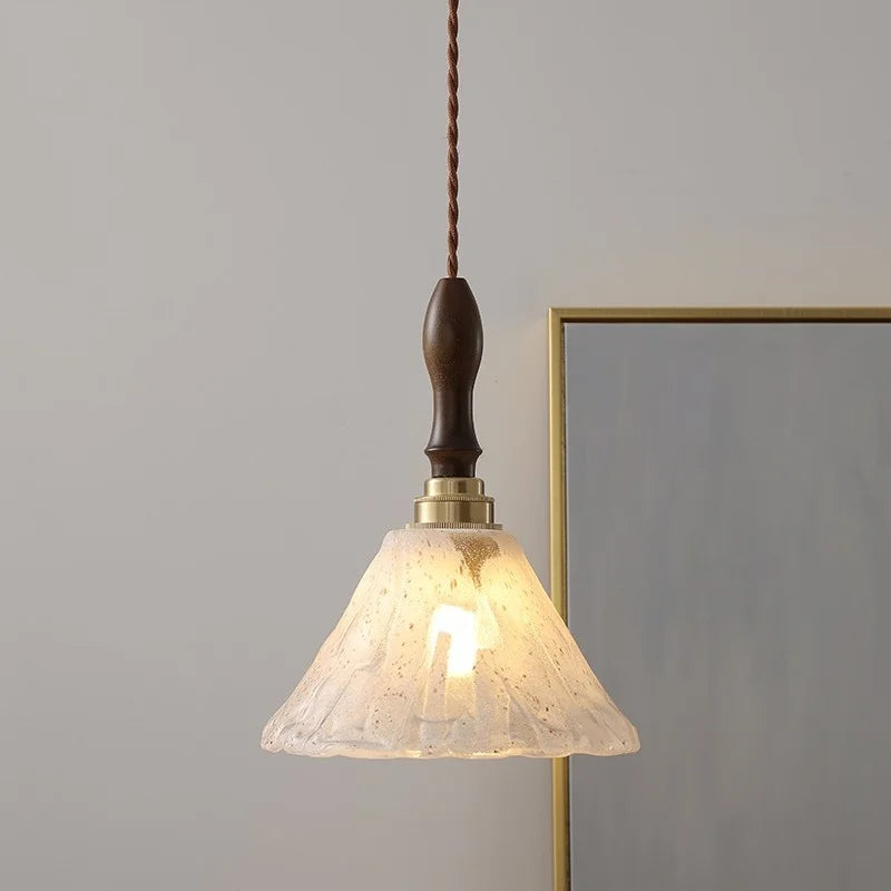 White Glass LED Pendant Light Fixture Walnut Wood Hang Lamp