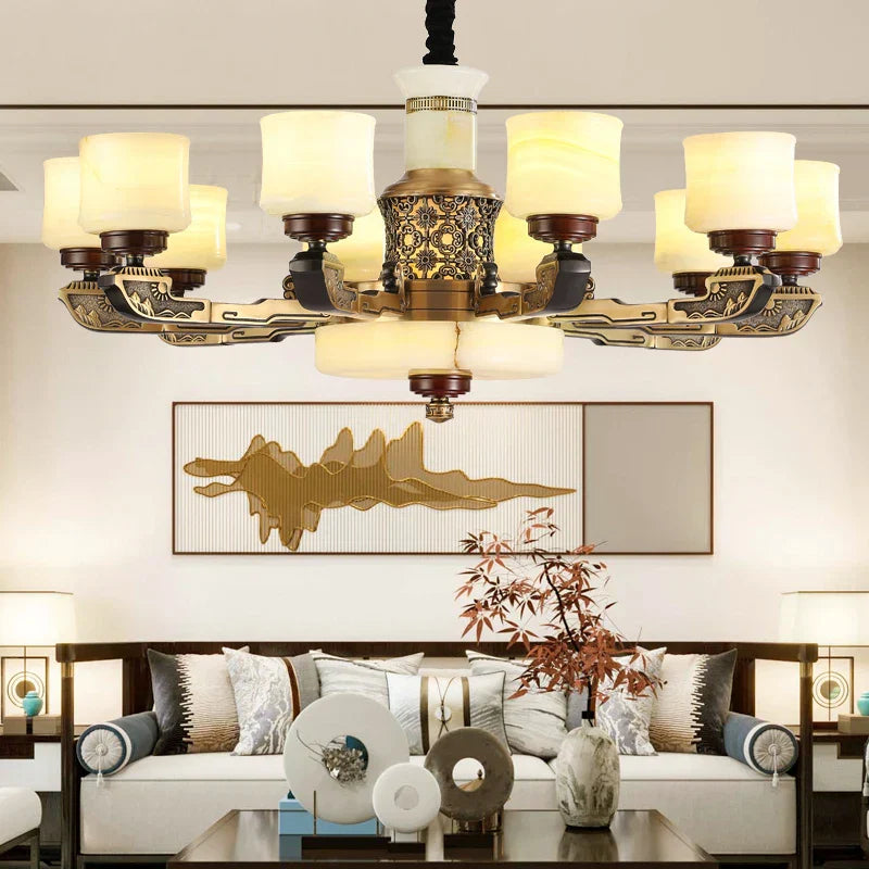 Luxury Copper Marble Chandelier for Living Room in New Chinese Style