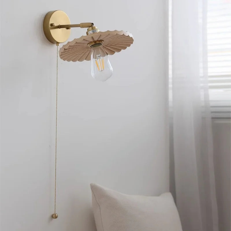 Ash Wood LED Wall Lights Living Room Porch Stair Nordic Modern Up Down Rotate Pull Chain Switch Bedside Lamp