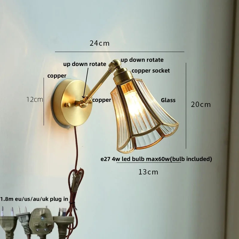 Vintage Brass Clear Glass Wall Lights Up Down Rotate Bedside Lamp
