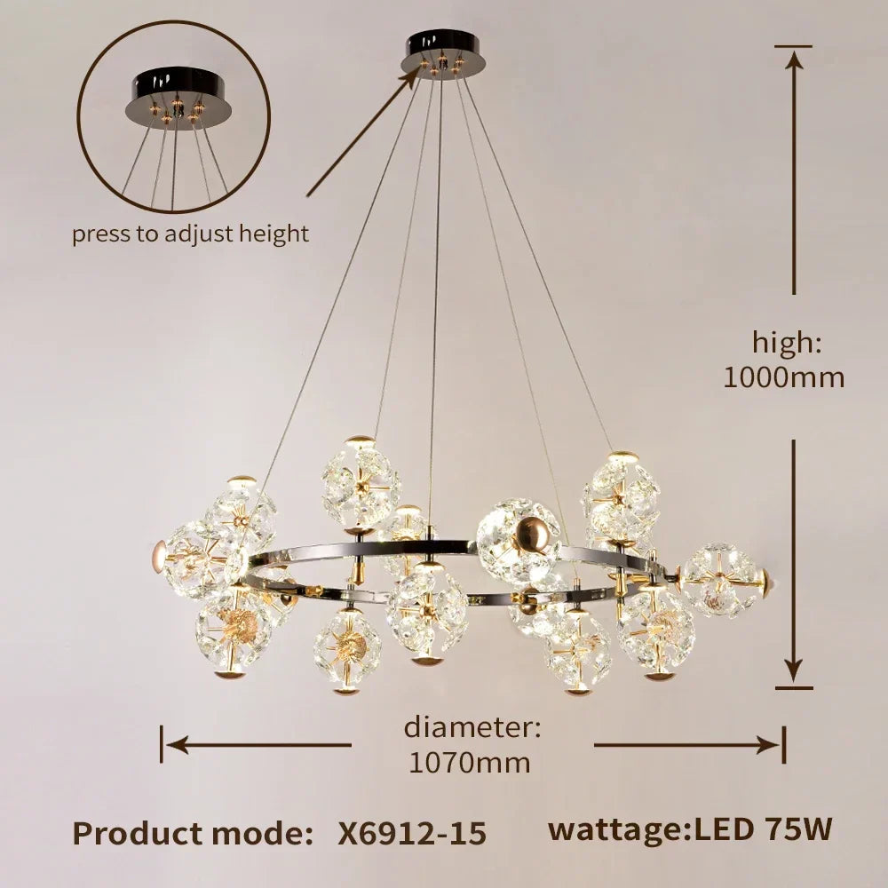 Sunflower Crystal Chandelier: Luxury Gold & Black LED Pendant Light