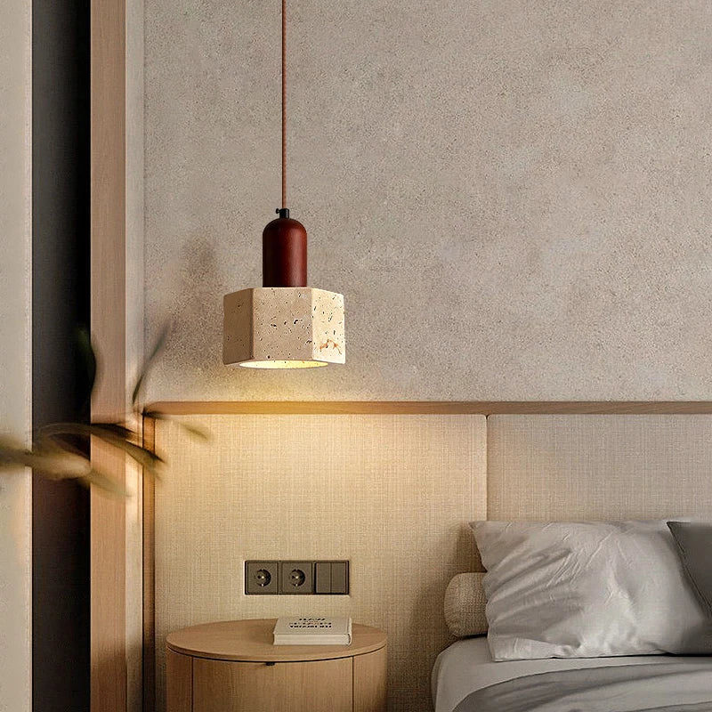 Yellow Travertine Wood Base LED Pendant Lights - Modern Adjustable Hanging Lamp