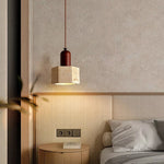 Yellow Travertine Wood Base LED Pendant Lights - Modern Adjustable Hanging Lamp