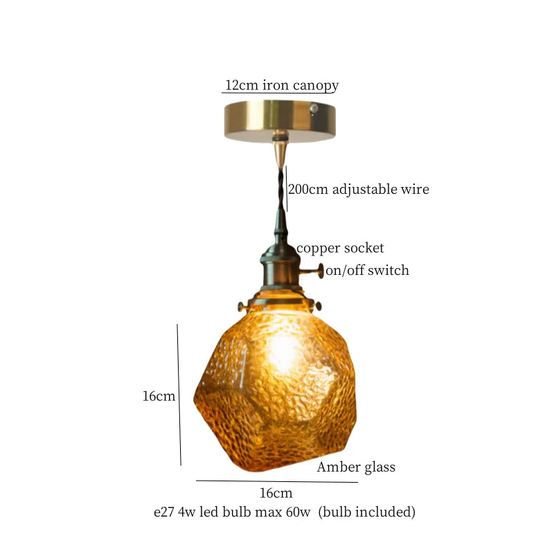 Afralia™ Stone Glass LED Pendant Light Japanese Vintage Copper Hanging Lamps