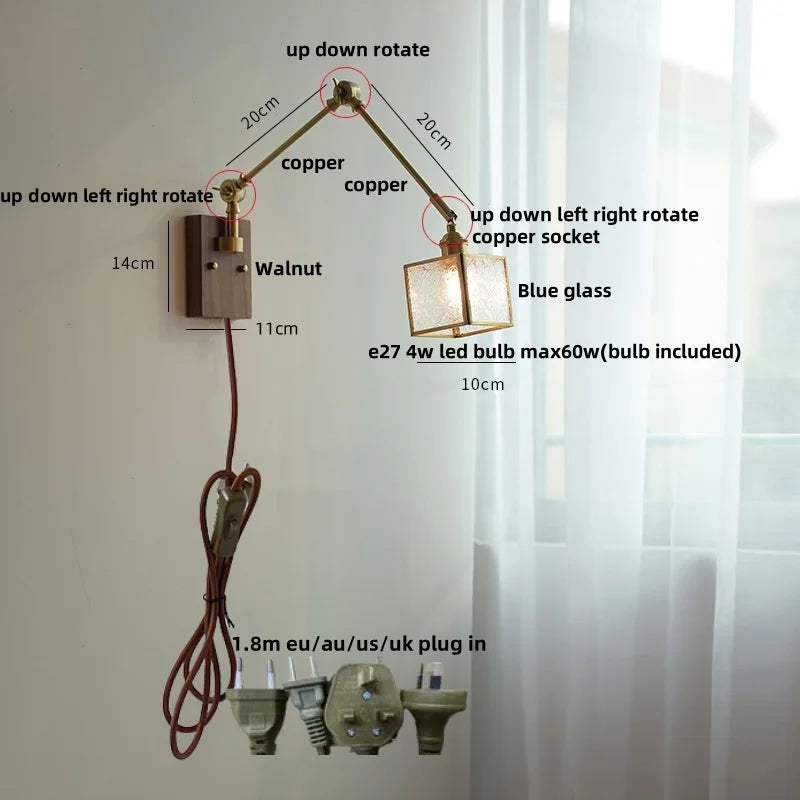 Ash Wood LED Swing Arm Wall Light with Pull Chain Switch & Blue Glass
