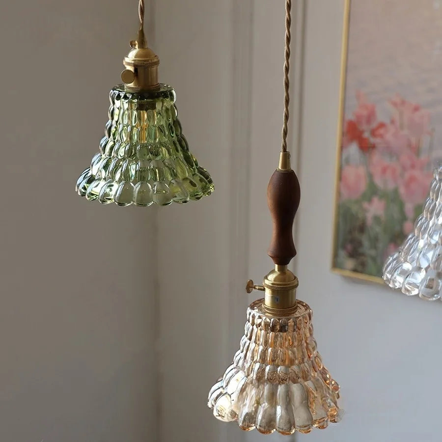 Flower Glass LED Pendant Lamp Walnut Wood Knob Switch Copper Socket