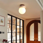 Yellow Travertine Glass LED Ceiling Light Japan Style Wood Base Plafonnier