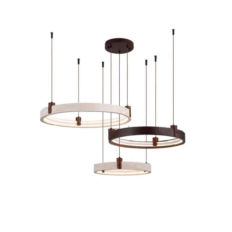 Natural Stone Wood Ring LED Chandelier for Dining & Living Room