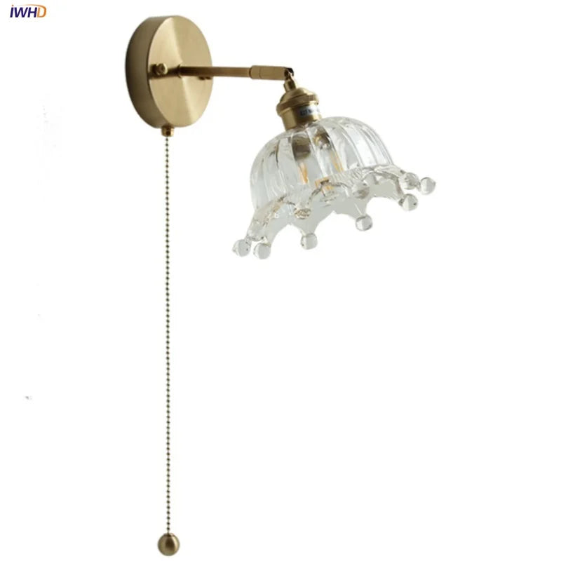 Afralia™ Nordic Modern LED Wall Lights Glass Bedside Lamp Brass Pull Chain Switch